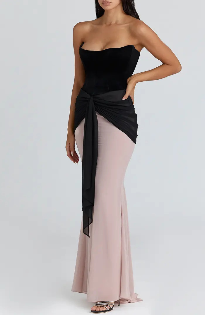 Clara Velvet & Chiffon Drape Corset Gown | Nordstrom