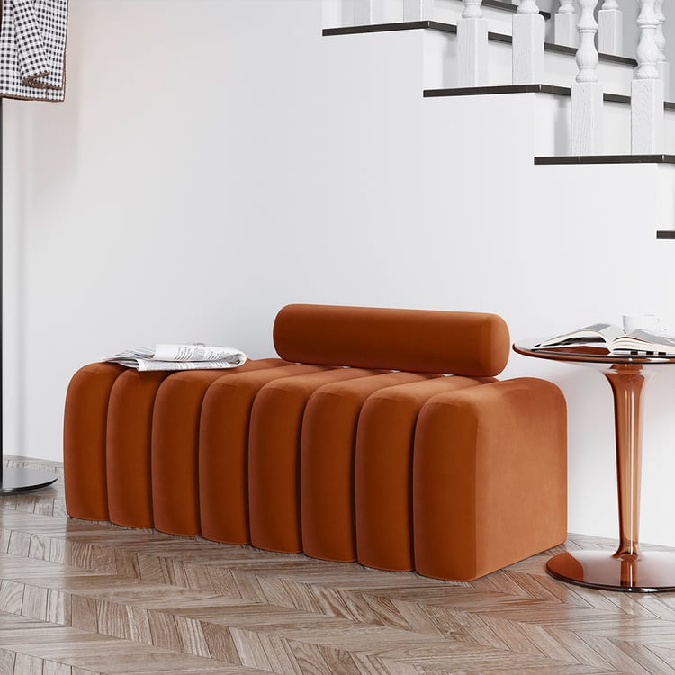 Modern Line Tufted Entryway Bench Upholstered Bench with Round Back Orange | Homary | Homary