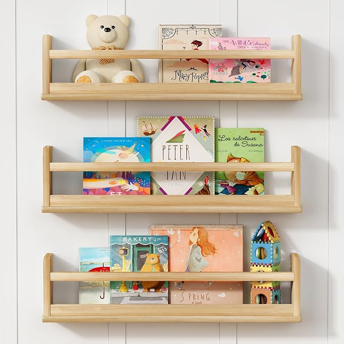 Natural Wood Wall Bookshelf for Kids Bedroom Set of 3, 24 Inch Wooden Floating Nursery Book Shelv... | Amazon (US)