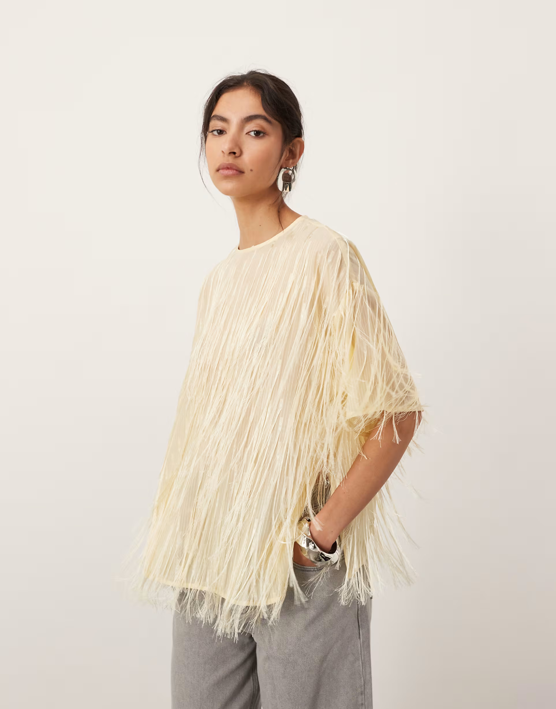 ASOS EDITION woven fringe detail boxy top in buttermilk | ASOS (Global)