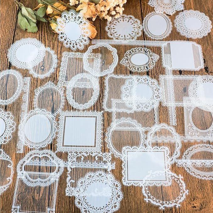 120 PCs Lace Scrapbook Stickers,Waterproof Cutout Transparent Sticker PET Transparent Lace Sticke... | Amazon (US)