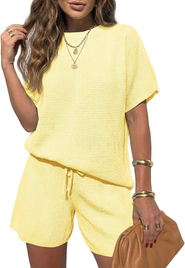 Fisoew Womens 2 Piece Lounge Sets 2026 Summer Short Sleeve Knit Sweater Loose Shorts Set Casual M... | Amazon (US)