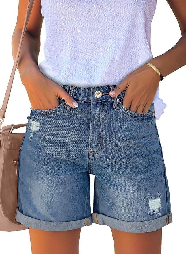 luvamia Women's Casual Ripped Denim Shorts High Rise Distressed Rolled Hem Jeans Shorts | Amazon (US)
