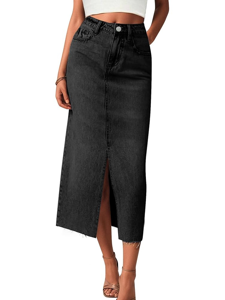 AiMgFUN Jean Skirt for Women Denim Skirt with Pockets Mid Waist Long Split Skirts | Amazon (CA)