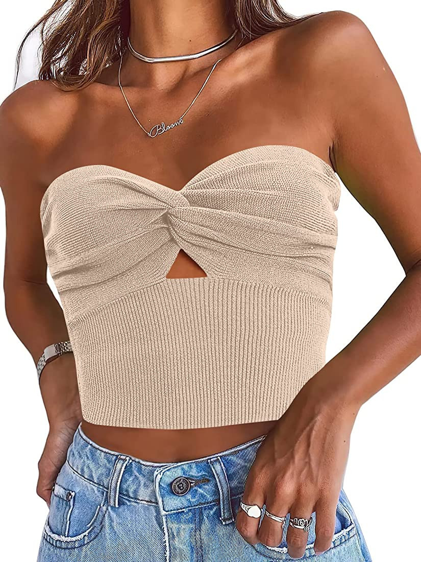 ANRABESS Women Strapless Crop Tube Top Sexy Ribbed Knit Cutout Twisted Knot Front Sleeveless Y2K ... | Amazon (US)