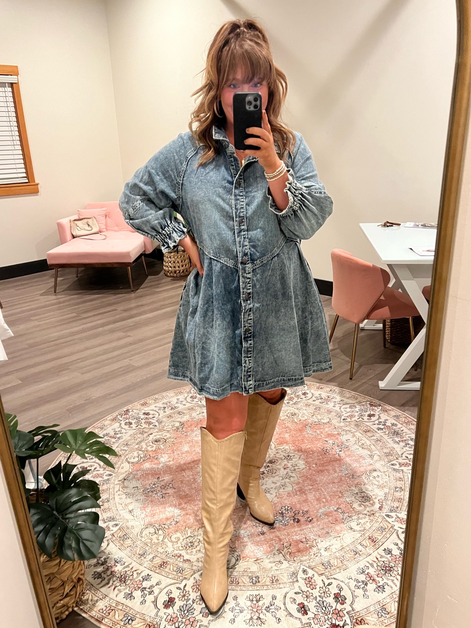 The most perfect Free People denim mini dress. With subtle puff sleeves and raw hemlines. Comes in multiple washes. Sizes are selling out quick! I’m wearing a size large. I could possibly size down to a medium for a tighter fit. 

Free people, mini dress, denim dress, fall dresess 

#LTKSeasonal #LTKcurves #LTKHoliday