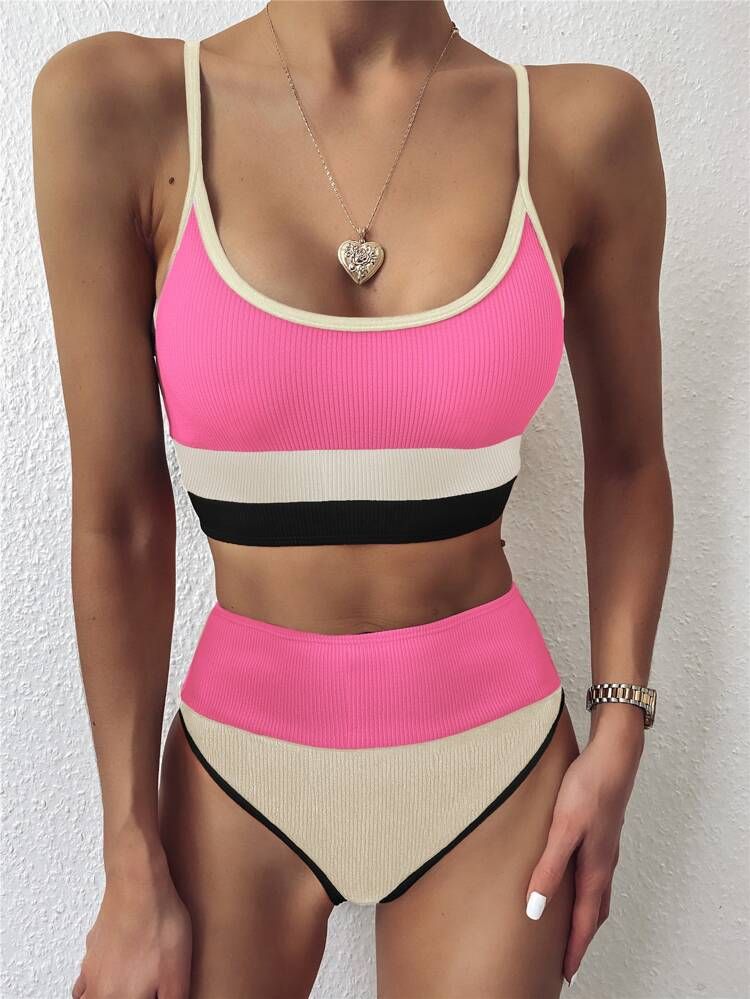 Color Block Rib High Waisted Bikini Swimsuit | SHEIN