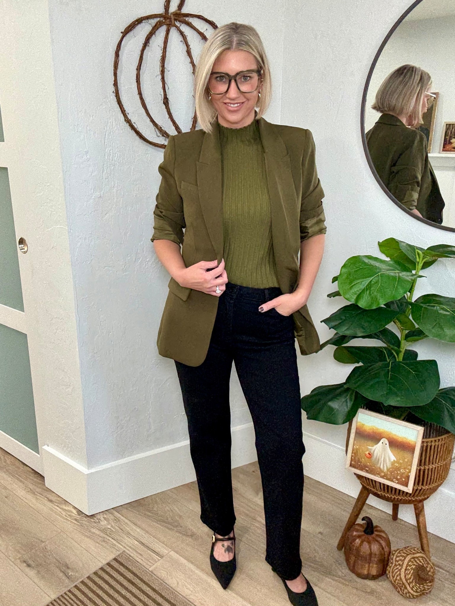 Love an Olive Green moment! 

Blazer’s from the Scoop brand found at Walmart. I’m wearing a small. 

Ribbed tank from Target. I’m wearing a medium. 

My jeans are from Quince. They have just the right amount of stretch and a  slight flare at the ankle. I’m wearing a 29 and would recommend sizing down. 

My heels are from CosyIsland but I will link a similar option.

Fall outfit, fall workwear, office style, 

#LTKFindsUnder50 #LTKOver40 #LTKStyleTip