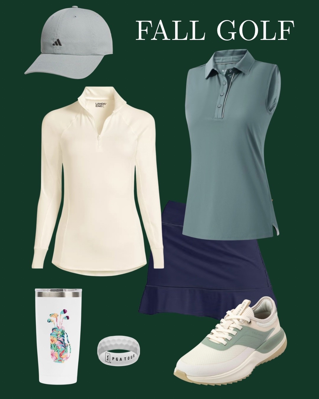 Start thinking outside the box when pairing your navy skirt. This sage/navy combo is stylish and chic. Add an ivory quarter zip in case the temps are cooler.

#LTKActive #LTKSeasonal #LTKOver40