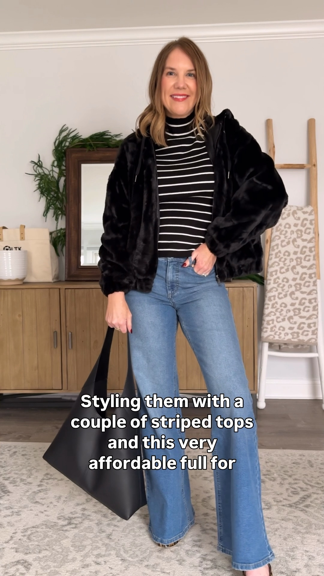 These $25 jeans are so comfortable and the most flattering pair of jeans in my closet. They’re the perfect wide leg/flare silhouette that give you legs for days and are so flattering in the booty. Plus their size inclusive. Styling them here with this very affordable faux fur jacket. It’s cute and cozy and a little more elevated than your puffer jacket but just as warm.

#LTKgrwm #LTKSaleAlert #LTKOver40