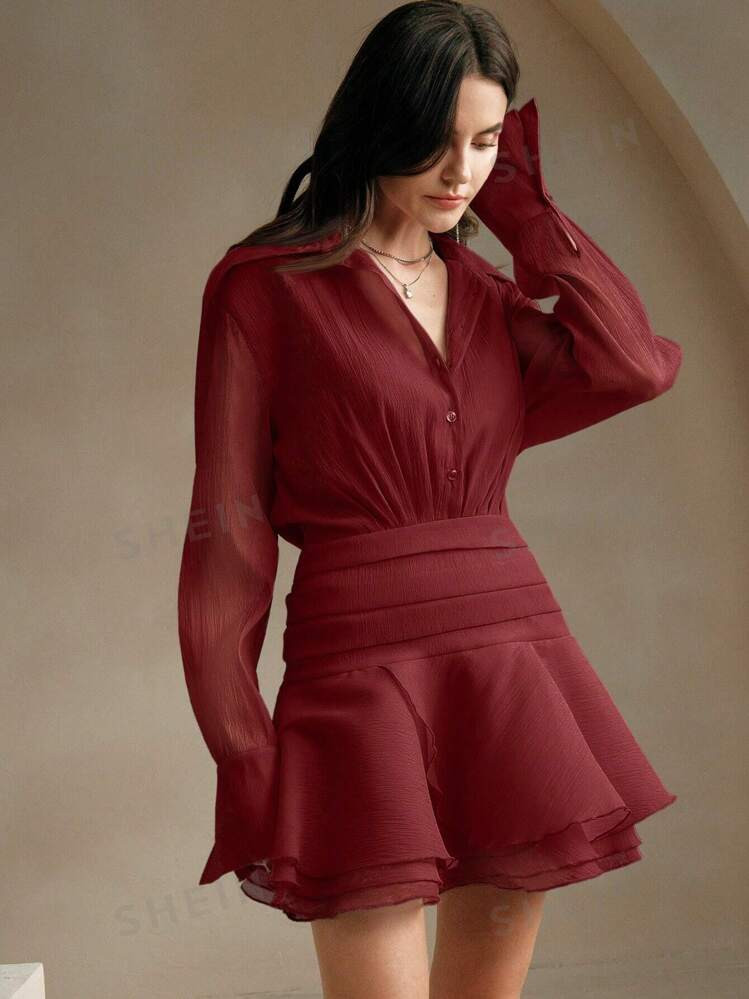 Anewsta Women's Europe And America Niche Design Frill Hem Casual Shirred Waist Peplum Mini Dress | SHEIN