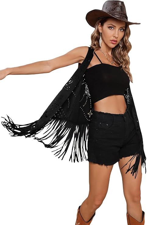 WDIRARA Women's Fringe Sleeveles Vest Hollow Out Open Front Faux Suede Jacket Coat | Amazon (US)