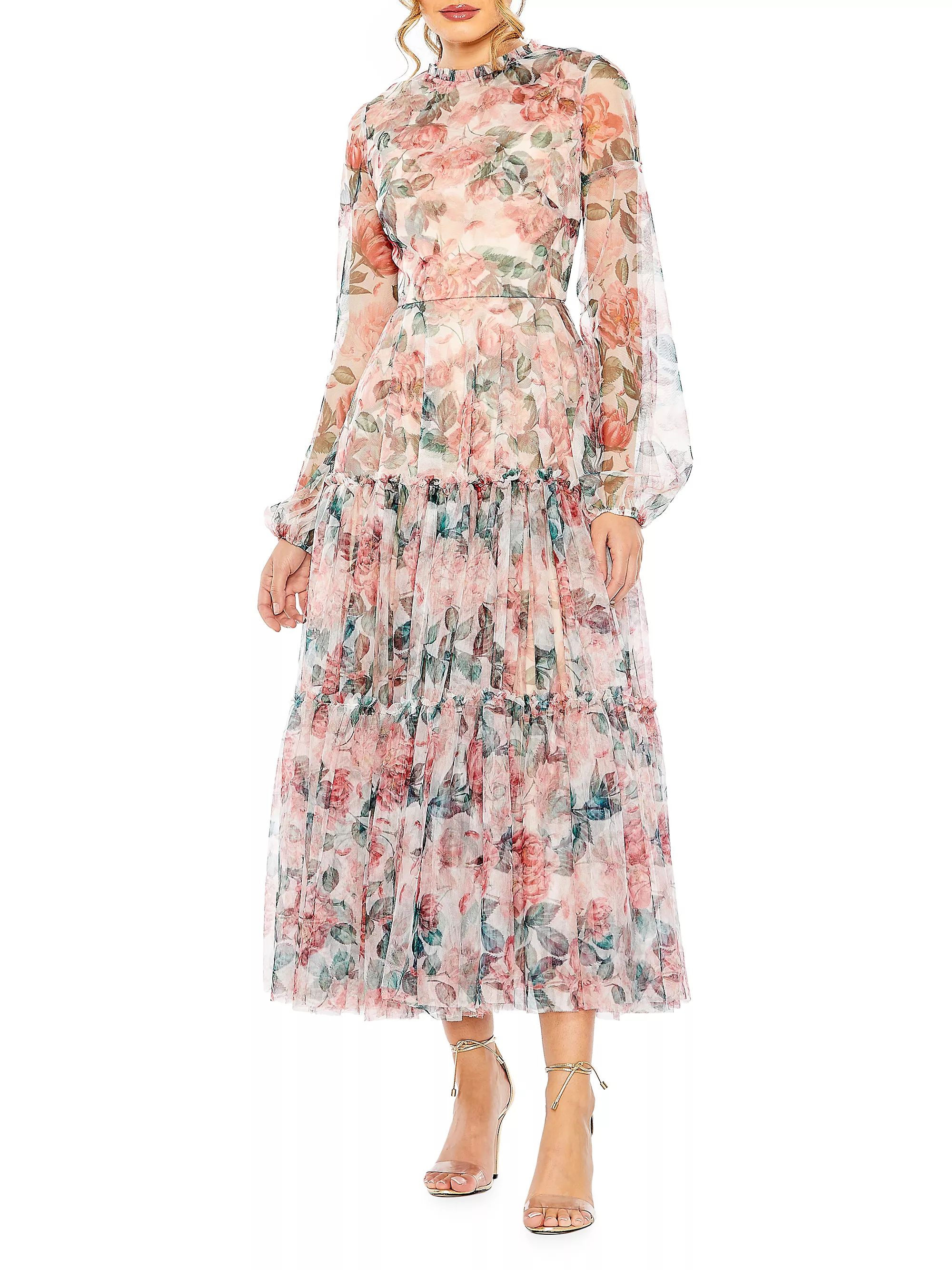 Floral Chiffon Balloon-Sleeve Midi-Dress | Saks Fifth Avenue