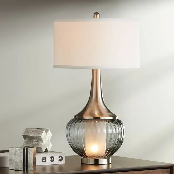 360 Lighting Modern Table Lamp with Nightlight Fluted Smoked Glass Brushed Nickel White Linen Dru... | Walmart (US)