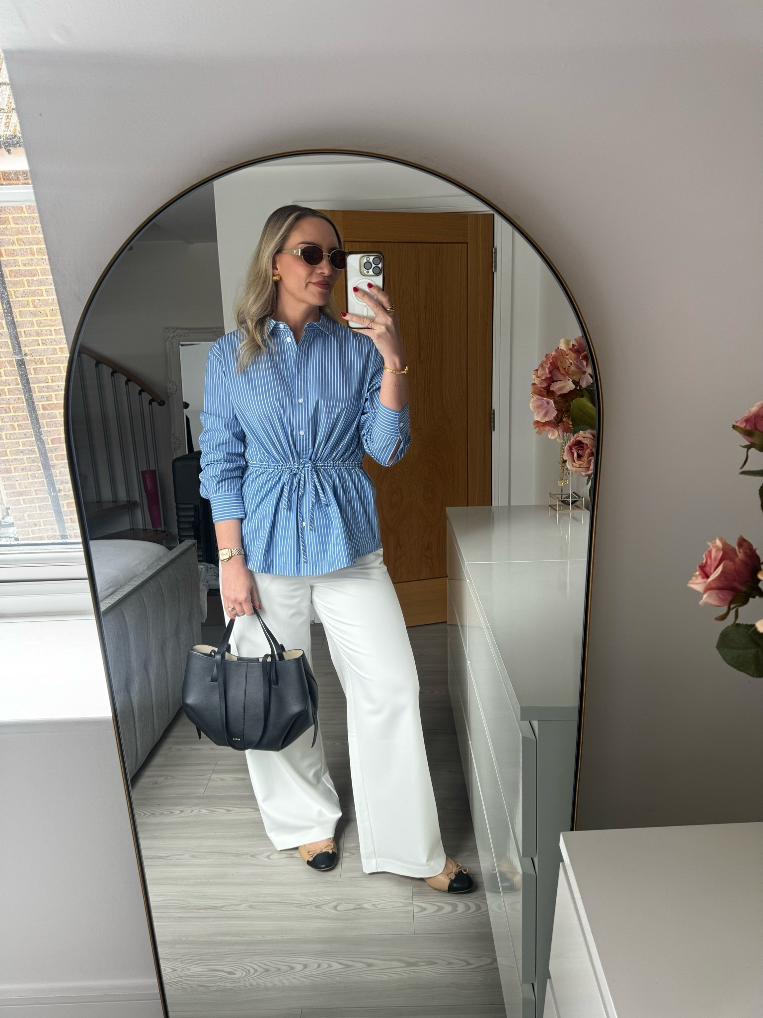 Spring workwear outfit idea 🫶🏼

I wear a size medium in the trousers and a size 10 regular in the drawstring striped shirt

#LTKspring #LTKworkwear #LTKstyletip