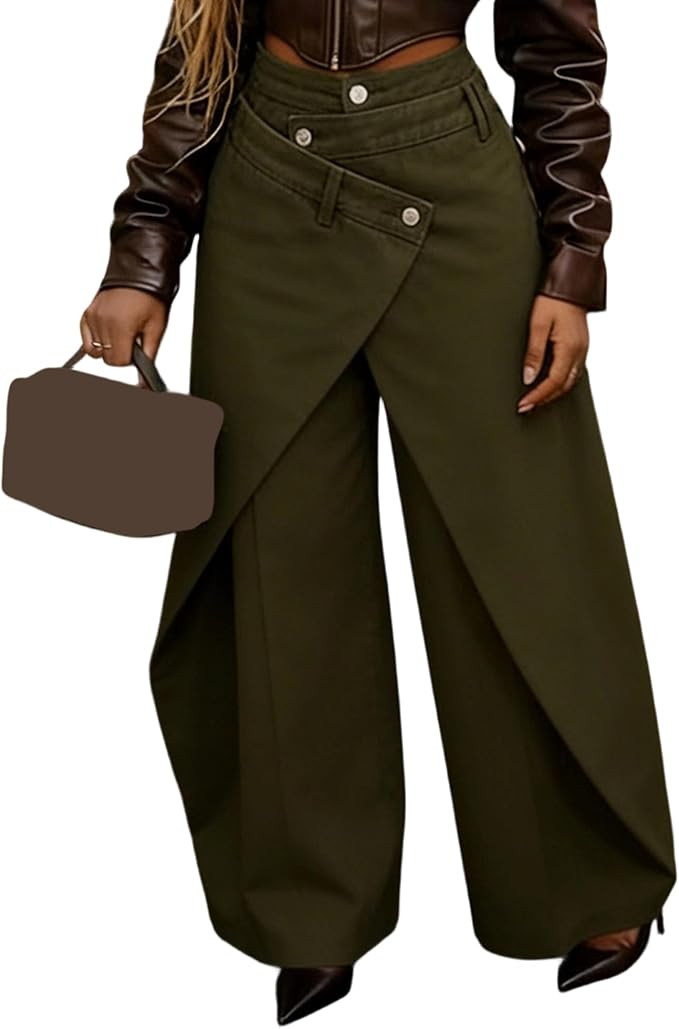 Womens Asymmetrical Baggy Jeans High Waisted Patchwork Denim Pants | Fold Over,Plus Size,Double W... | Amazon (US)