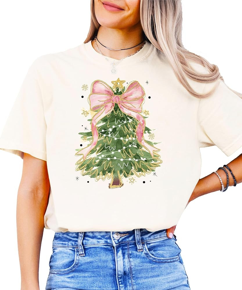 Festive Christmas Tree with Pink Bow Topper Graphic Shirt for Women Teens and Girls Holiday Tee | Amazon (US)