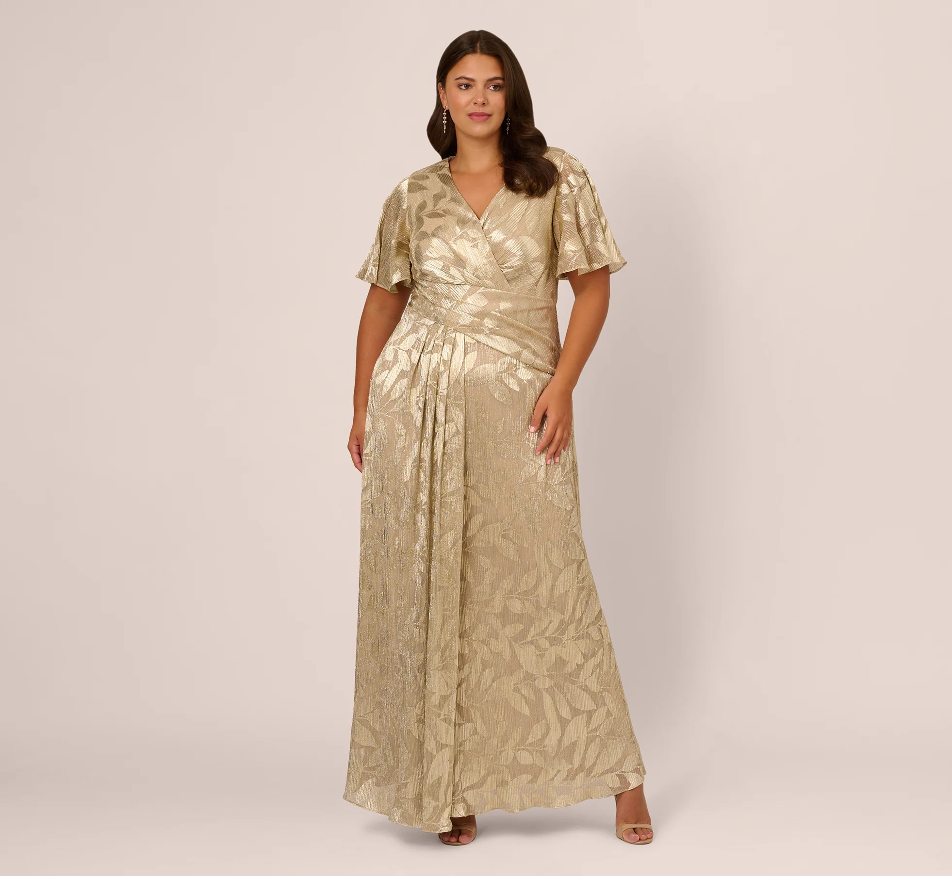 Plus Size Foil Leaf Short Sleeve Gown With Draped Details In Champagne | Adrianna Papell