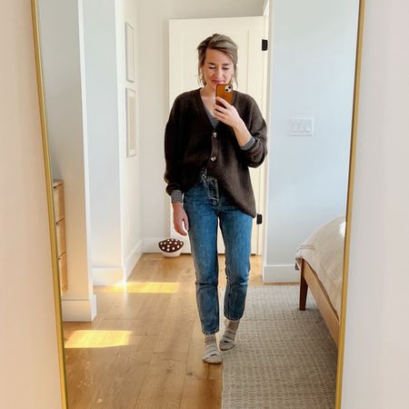 Bodysuit is really old from Everlane. Jeans are also Everlane but this exact color doesn’t appear to be available anymore. I linked the same style, though  Cardigan is the boyfriend style and is extremely warm  