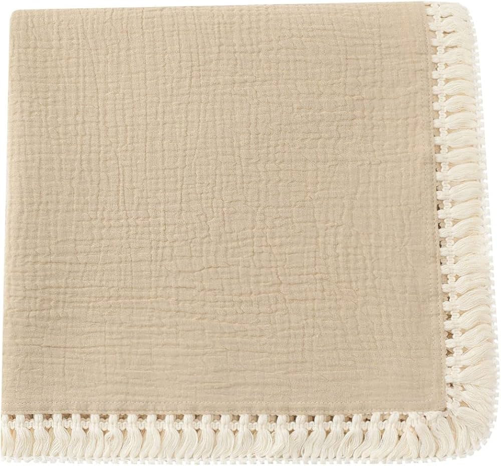 Cotton Muslin Baby Blanket with Tassel，Large 47" x 47" Boho Muslin Swaddle Blanket with Fringe,... | Amazon (US)