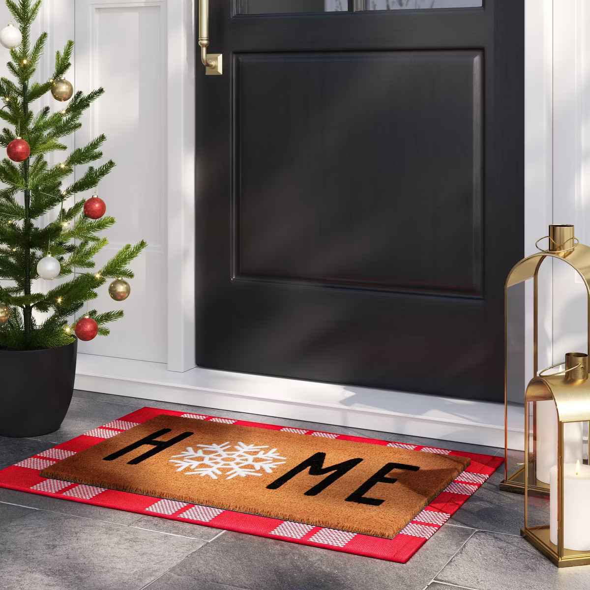 1'6"x2'6" Christmas Snowflakes 'Home' Flocked Coir Doormat Black/White - Wondershop™: Outdoor M... | Target