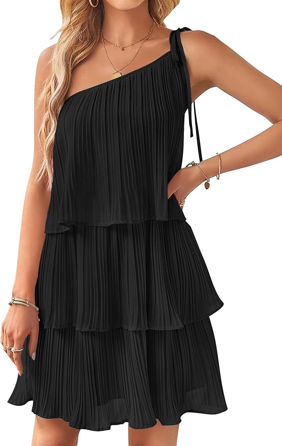 ZESICA Women's 2023 Boho Summer One Shoulder Sleeveless Ruffle Tiered Layered Chiffon Pleated A L... | Amazon (US)