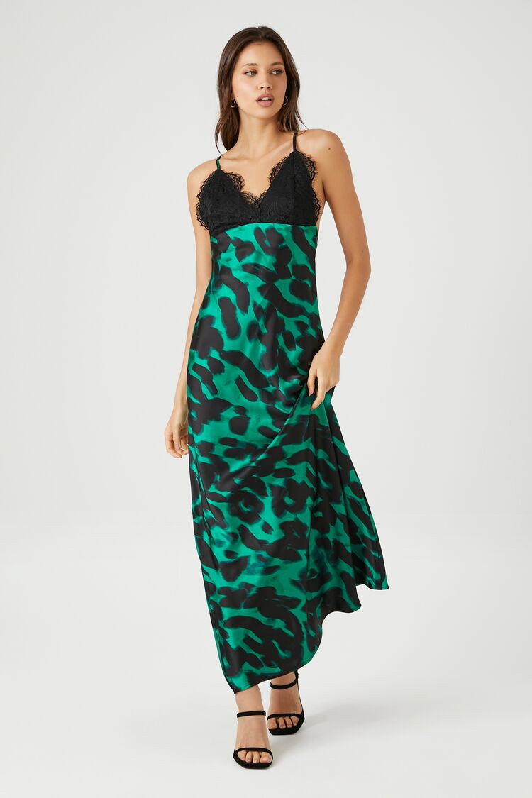 Lace-Trim Satin Leopard Maxi Dress | Forever 21 | Forever 21 (US)
