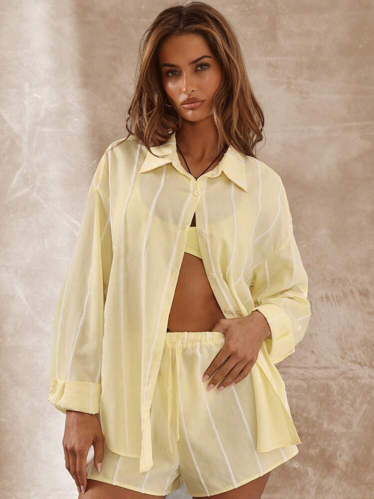 Musera Resort Oversized Pinstripe Long Sleeve Shirt Only Boho Ibiza Cute Sexy Vacation Summer Beach Swimwear Cover Up Hot Skin Fall Holiday Spring | SHEIN