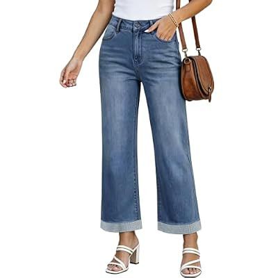 BISUAL Stretchy Wide Leg Jeans for Women Rhinestone Cropped Denim Pants | High Waisted, Ba… | Amazon (US)