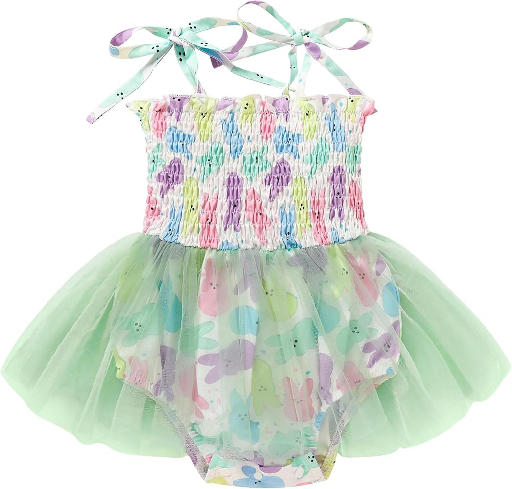 Newborn Infant Baby Girl Easter Outfit Bunny Print Infant Girl Sling Romper Bodysuit and Tulle Sk... | Amazon (US)