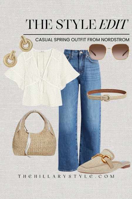 The Style Edit: Casual Soring Outfit from
Nordstrom. Casual spring denim outfit perfect for shopping, errands, brunch. Wide leg denim, white eyelet top, white top, raffia mule, straw handbag, gold hoop earrings, gold sunglasses, woven belt. Madewell, Steve Madden, Tory Burch, BaubleBar, Aimee Kestenberg, Nordstrom. Spring outfit, spring denim, casual outfit, OOTD.

#LTKSeasonal #LTKstyletip #LTKmidsize