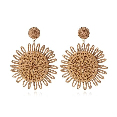 Handwoven Boho Raffia Rattan Drop Earrings Straw Wicker Flower Geometric Statement Earrings for Women Summer Beach Vacation Jewelry Gifts-flower dark | Amazon (US)