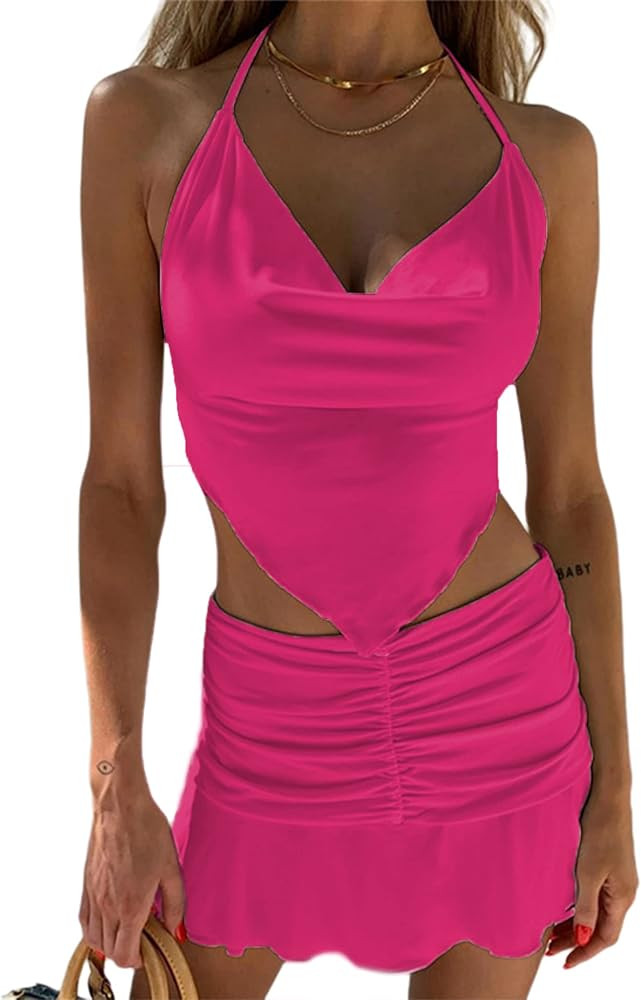 Remidoo Women's 2 Piece Outfit Halter Cami Crop Top and Ruched Ruffle Mini Skirt Set | Amazon (US)