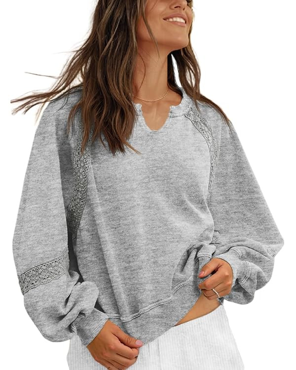 Fisoew Womens Oversized Sweatshirt Casual V Neck Lace Lantern Long Sleeve Cropped Loose Fit Fall ... | Amazon (US)