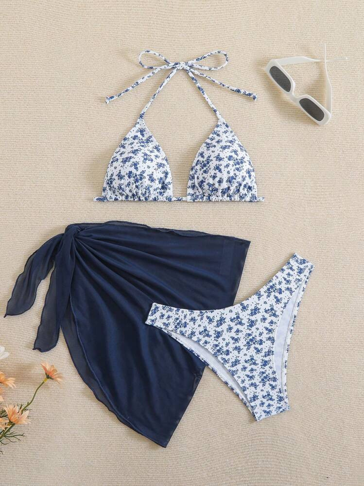 Swim Mod Women's Halter Neck Bra Bikini Set With Solid Color Cover-Up Skirt | SHEIN