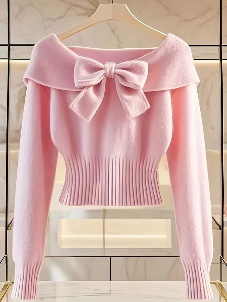 Women's Elegant Temperament Simple Commuter Pink Autumn And Winter Lapel Bow Short Long Sleeve Sweater | SHEIN