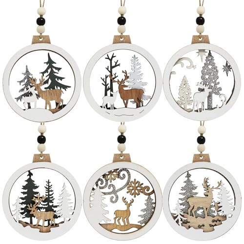 JOIEDOMI 6 Pcs Christmas Wooden Ornaments, Christmas Farmhouse Rustic Reindeer Ornaments for Winter Holiday Indoor Decor, Hanging Wood Ornaments for Xmas Tree Decorations | Amazon (US)