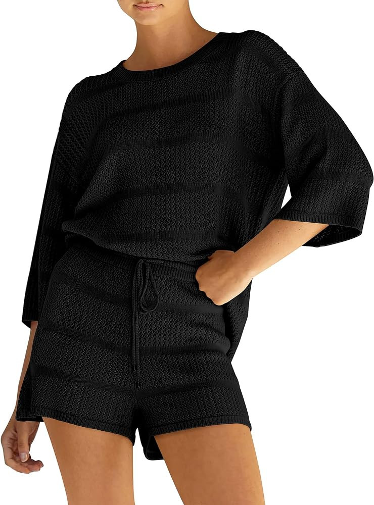 PRETTYGARDEN Women's Summer 2 Piece Swimsuit Coverup Hollow Out Knit Half Sleeve Tops Shorts Sets... | Amazon (US)