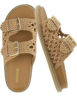 CUSHIONAIRE Weaver Summer Sandals for Women 2025 - Shiny Raffia Woven Slip On Womens Slides with ... | Amazon (US)