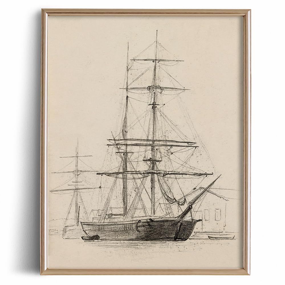 Coastal Seascape Ocean Etching Print Poster - Ship Boat Port Drawing Rustic Gray Building Picture... | Amazon (US)