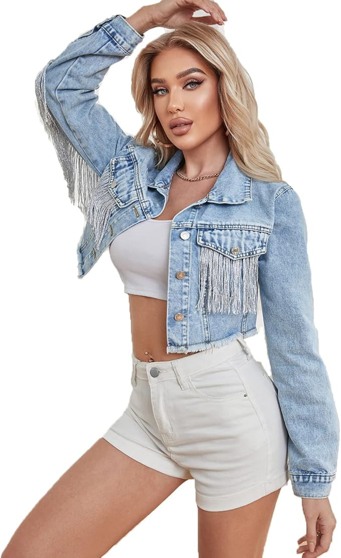Women’s Crop Denim Jacket Tassel Casual Jean Coat With Fringe | Amazon (US)