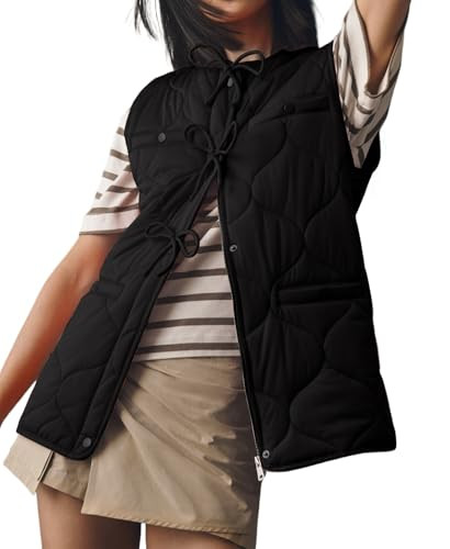 EZAPINE Women Quilted Puffer Vest Winter Bow Button Down Collarless Lightweight Padded Vest Coat Outerwear with Pockets | Amazon (US)