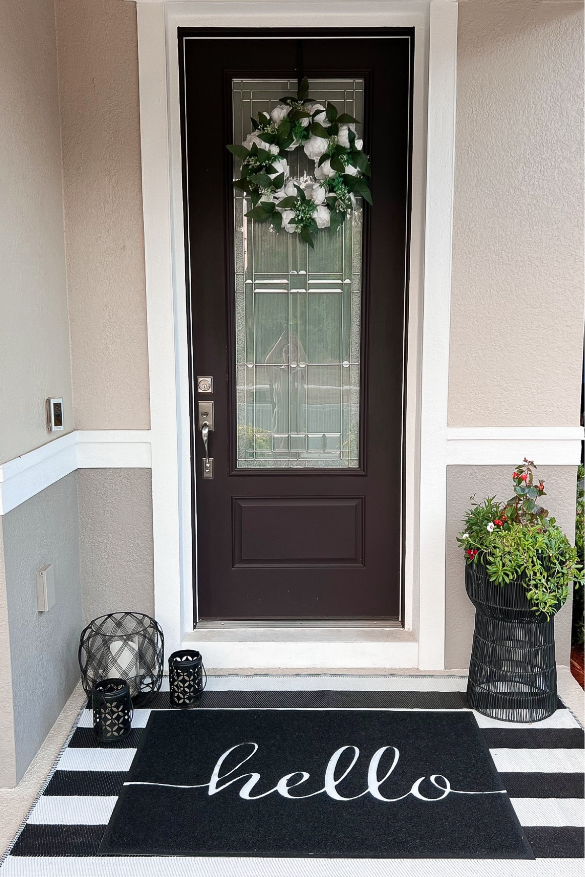 Front door decor, porch, plants, lanterns, black and white decor, home decor, wreath, front door decorr

#LTKHome #LTKSeasonal #LTKFindsUnder100
