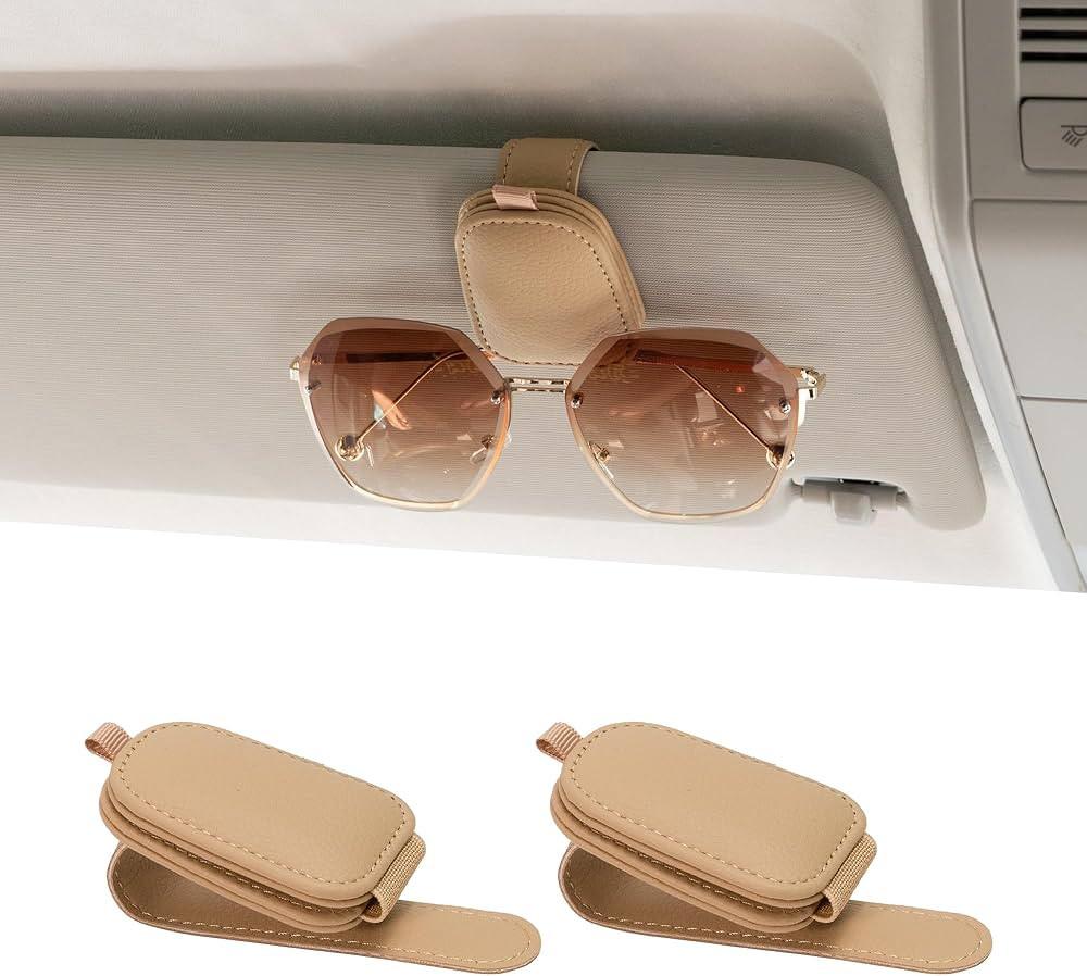 Yuoyar 2 Packs Sunglasses Holders for Car Visor - Magnetic Leather Sunglasses Holder and Ticket C... | Amazon (US)
