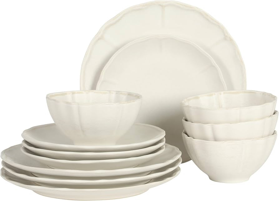 Gibson Elite Vista Rossio - Made In Portugal - 12 Piece Dinnerware Set for 4, White Ceramic Plates and Bowls Sets, Stoneware Dishware Set with Scalloped Edge, Dinner Plates Salad Plates & Cereal Bowls | Amazon (US)