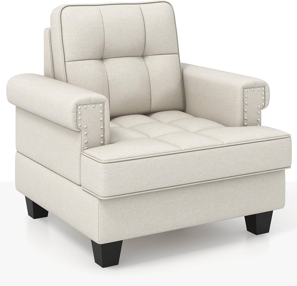 Giantex Mid Century Modern Accent Chair, Tufted Linen Single Sofa Chair w/Thick Pillow & Cushion,... | Amazon (US)