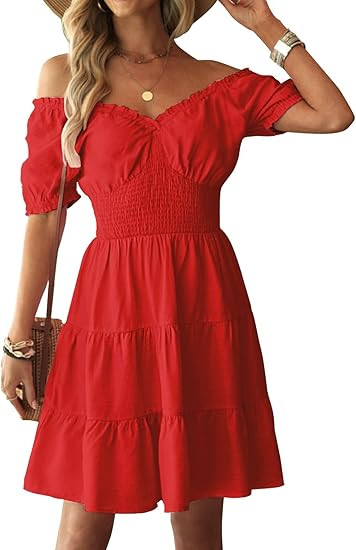 STYLEWORD Womens 2023 Short Sleeve Babydoll Dresses Smocked Flowy Puff Mini Teen Cute Off The Sho... | Amazon (US)