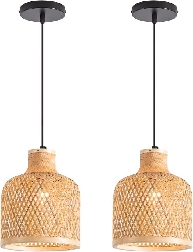 Modern Bamboo Woven Pendant Light Set of 2, 7.8" Coastal Bamboo Natural Pendant Lighting Fixture ... | Amazon (US)