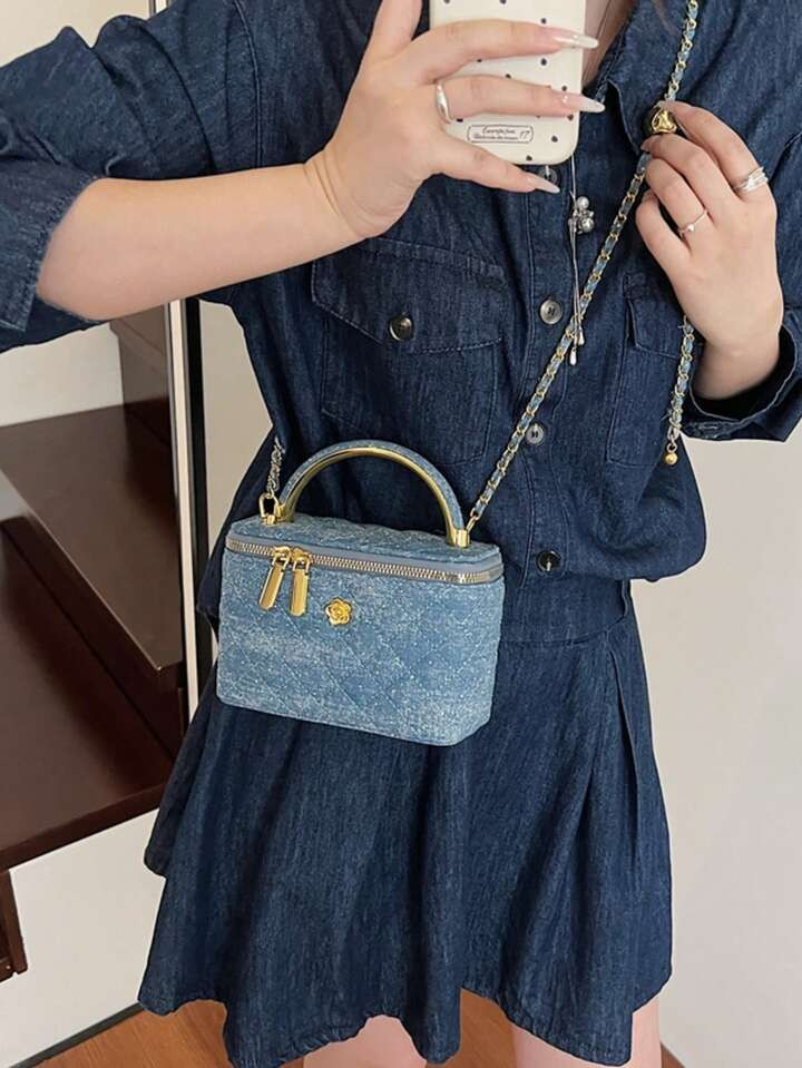 1pc Black Casual Versatile Small Handbag, Fashionable Embroidered Square Fabric, Suitable For Office, Phone, Lipstick, Coin Storage | SHEIN