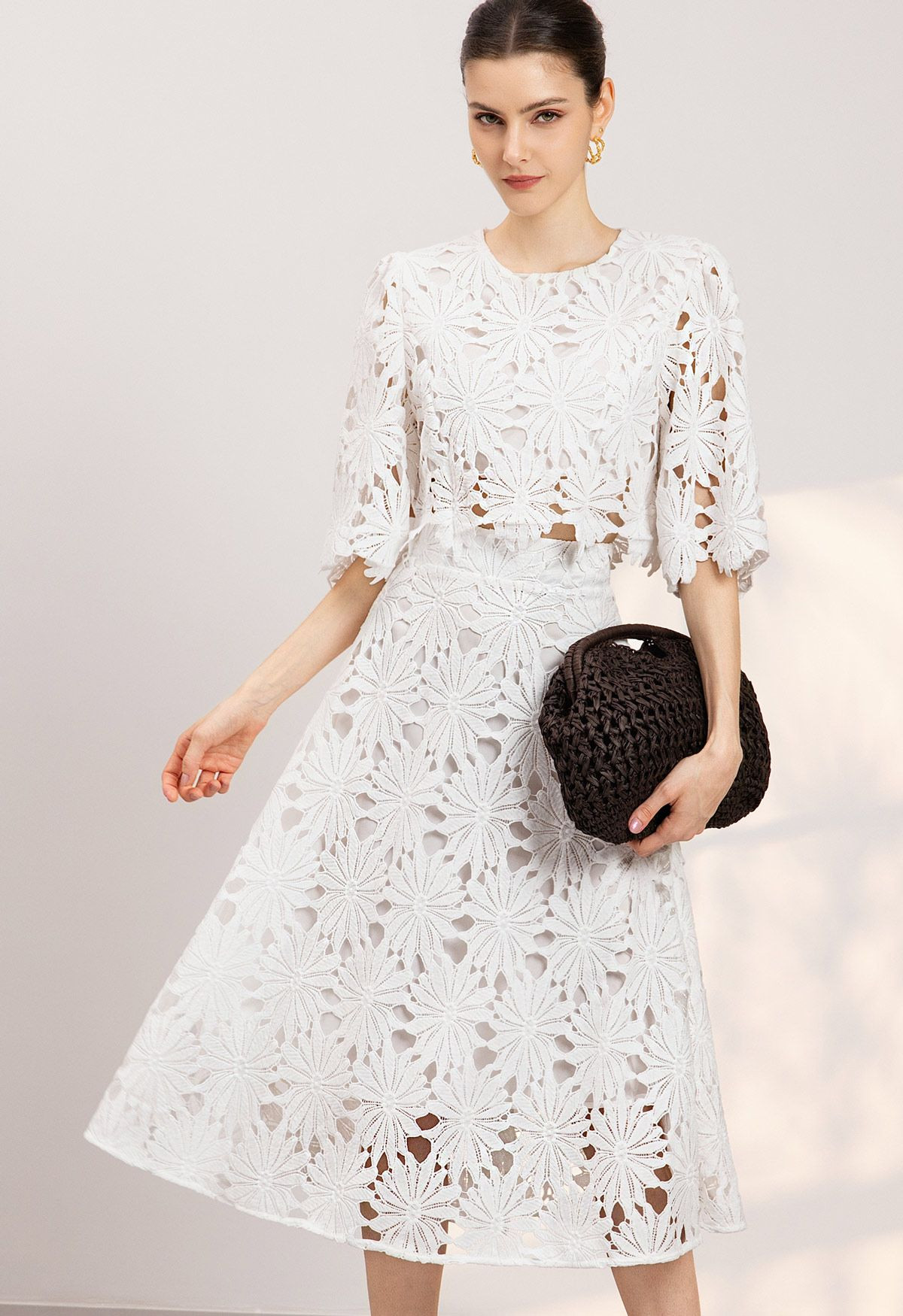 Refined Guipure Lace Crop Top and Midi Skirt Set in White for Bridal Brunch & Tea Party | Chicwish